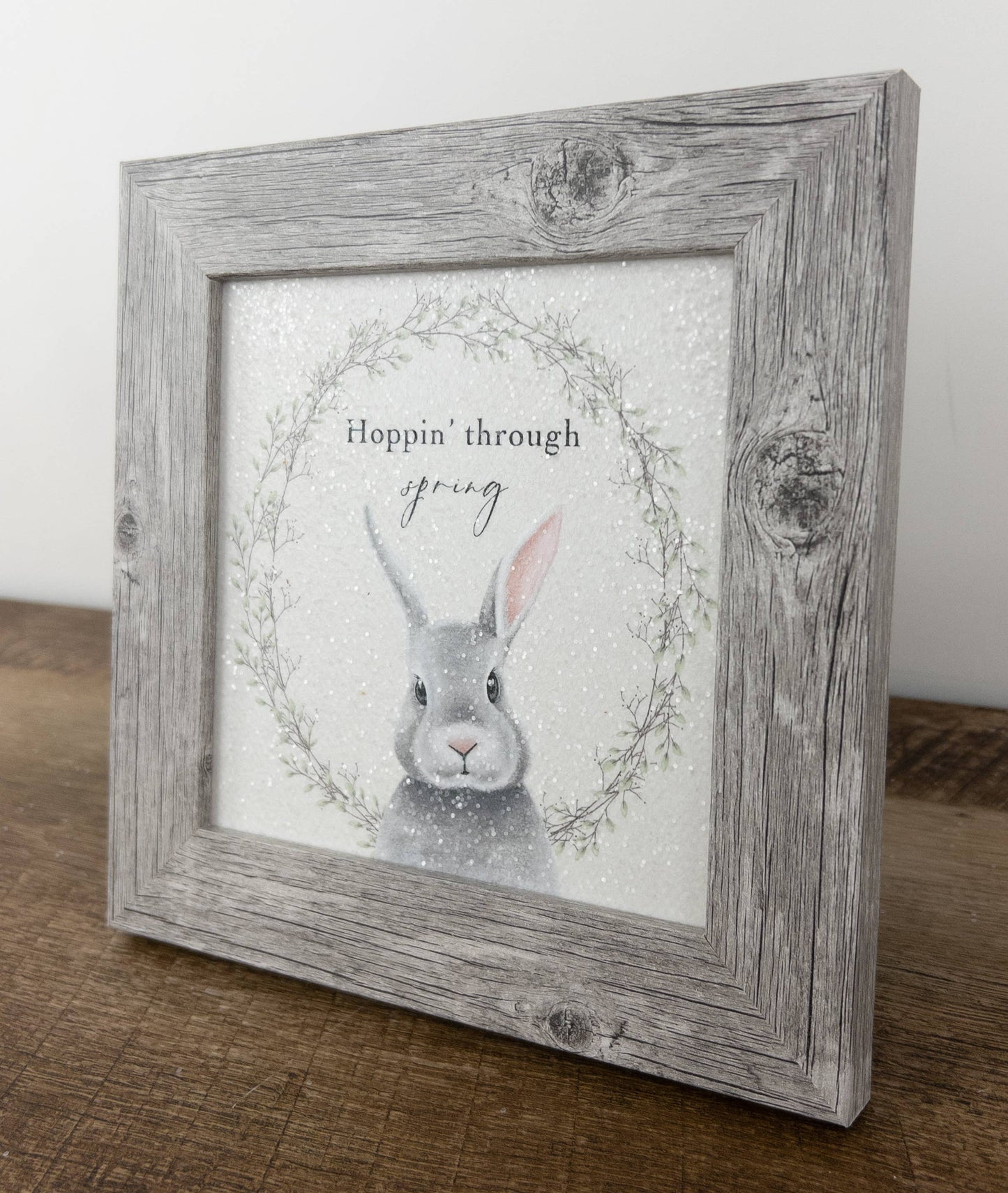 Hoppin' Through Spring Easter Rabbit Bunny Art Sign Decor: Grey Frame / 8x8