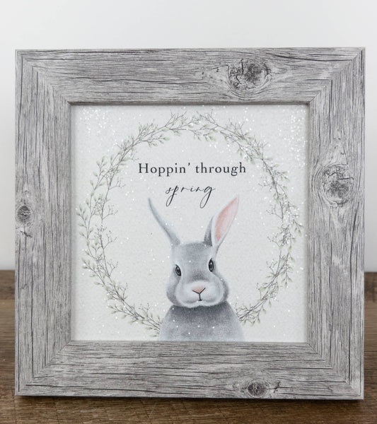 Hoppin' Through Spring Easter Rabbit Bunny Art Sign Decor: Grey Frame / 8x8