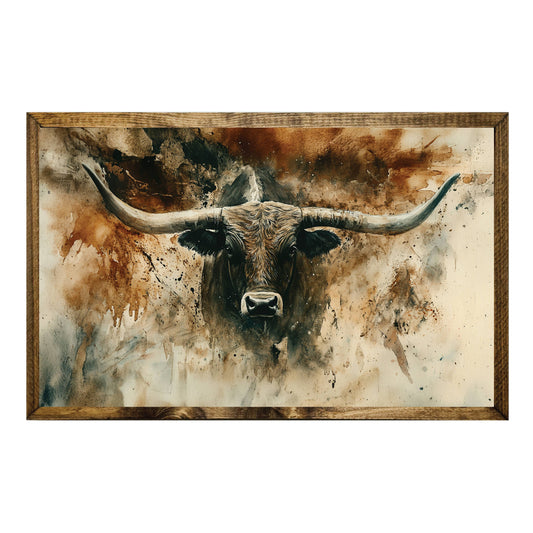 TIMBERLAND FRAME RUSTIC LONGHORN BULL IN WATERCOLOR STYLE: 12"X19"
