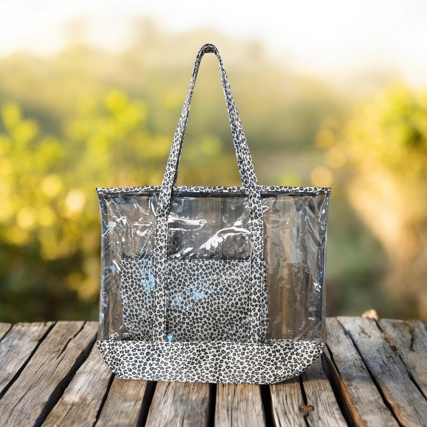 2 Pc Ladies Clear See Thru Tote Handbags with Animal Print