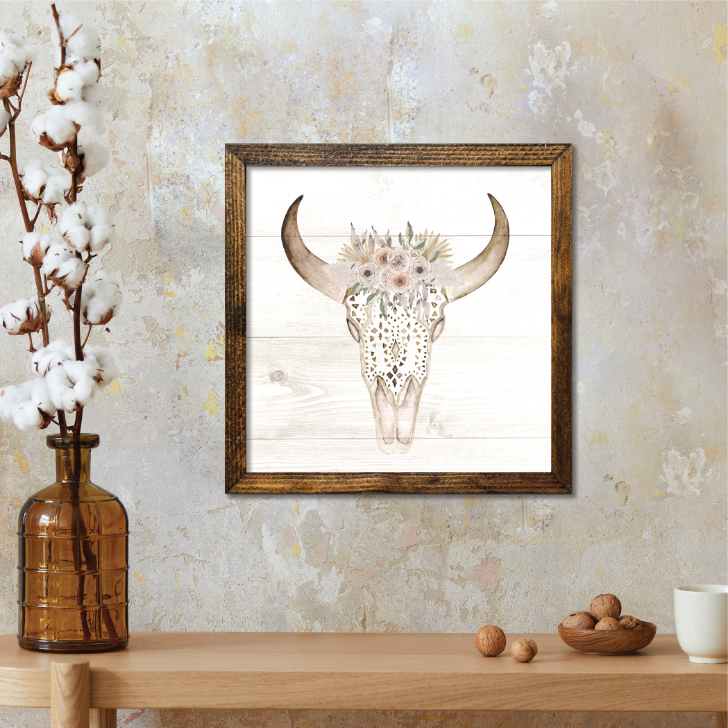 TIMBERLAND FRAME BOHO COW SKULL: 9"x9"
